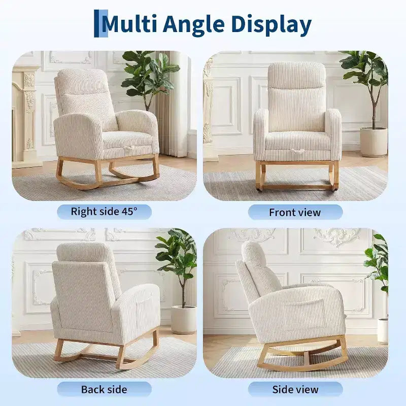 Mecedora Moderna de Guardería, Mecedora Tapizada de Pana con Reposapiés Ajustable y Bolsillo Lateral para Sala de Estar, Dormitorio, Sala de Lactancia, Beige