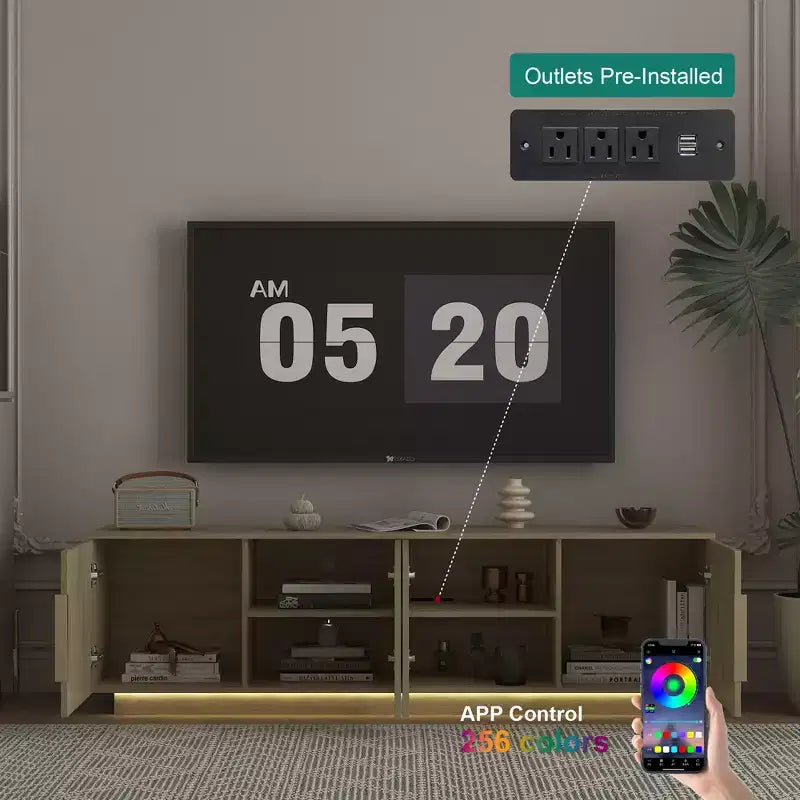 Mueble de TV moderno JVNOXK de 68 pulgadas con iluminación LED de 16 colores, compatible con televisores de 55, 60 y 65 pulgadas, incluye espacio de almacenamiento, tono de madera