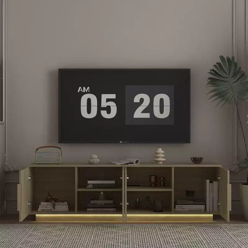 Mueble de TV moderno JVNOXK de 68 pulgadas con iluminación LED de 16 colores, compatible con televisores de 55, 60 y 65 pulgadas, incluye espacio de almacenamiento, tono de madera
