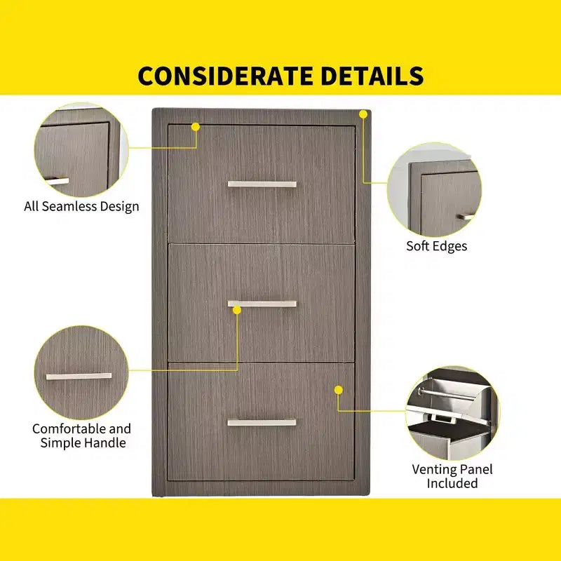 Cajones de cocina para exterior de 17 an. x 30 al. x 21 pr., cajones triples para barbacoa de montaje empotrado con asa de acero inoxidable, toallero de papel