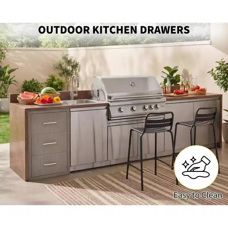 Cajones de cocina para exterior de 17 an. x 30 al. x 21 pr., cajones triples para barbacoa de montaje empotrado con asa de acero inoxidable, toallero de papel