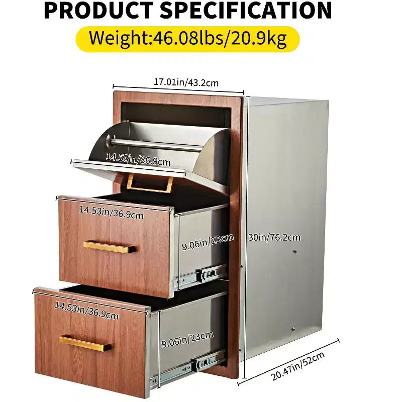 Cajones de cocina para exterior de 17 an. x 30 al. x 21 pr., cajones triples para barbacoa de montaje empotrado con asa de acero inoxidable, toallero de papel