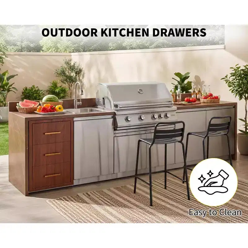 Cajones de cocina para exterior de 17 an. x 30 al. x 21 pr., cajones triples para barbacoa de montaje empotrado con asa de acero inoxidable, toallero de papel