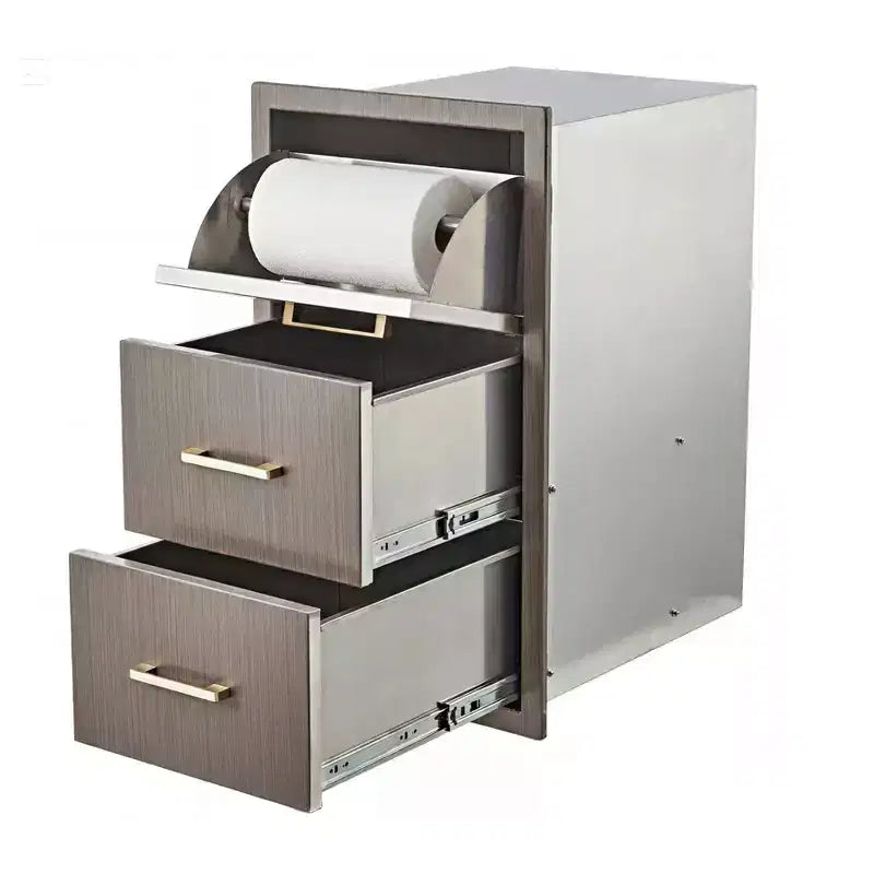 Cajones de cocina para exterior de 17 an. x 30 al. x 21 pr., cajones triples para barbacoa de montaje empotrado con asa de acero inoxidable, toallero de papel