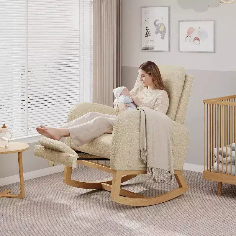 Mecedora tapizada de borreguito para habitación infantil - Mecedora moderna con respaldo alto, patas de madera resistentes y cómoda mecedora de acento para sala de estar, dormitorio o habitación infantil