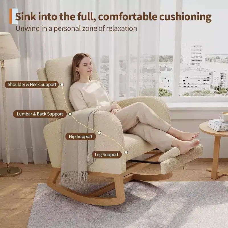 Mecedora tapizada de borreguito para habitación infantil - Mecedora moderna con respaldo alto, patas de madera resistentes y cómoda mecedora de acento para sala de estar, dormitorio o habitación infantil