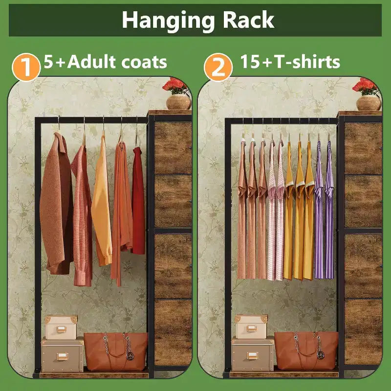 Cómoda con perchero, armario pequeño de 4 cajones para dormitorio, cómoda de tela reversible para niños con perchero, torre de almacenamiento alta, 111,76 cm de alto