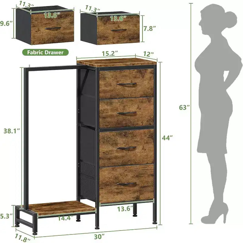 Cómoda con perchero, armario pequeño de 4 cajones para dormitorio, cómoda de tela reversible para niños con perchero, torre de almacenamiento alta, 111,76 cm de alto