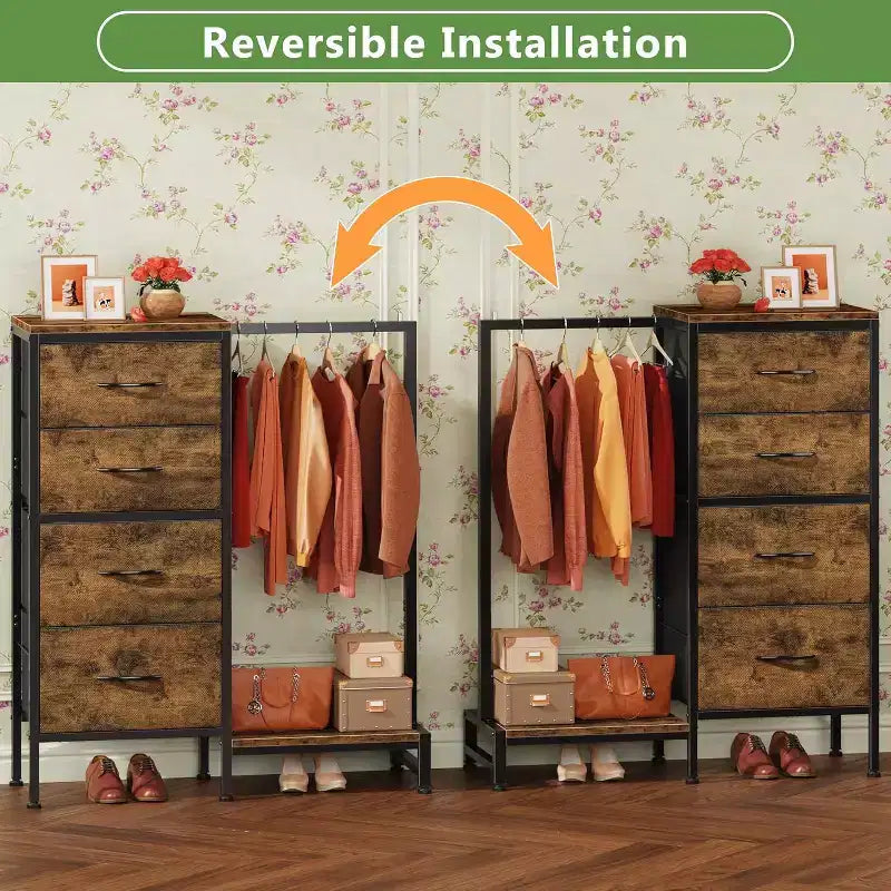 Cómoda con perchero, armario pequeño de 4 cajones para dormitorio, cómoda de tela reversible para niños con perchero, torre de almacenamiento alta, 111,76 cm de alto