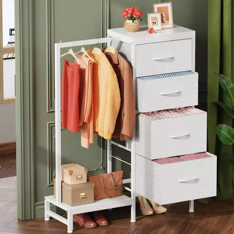 Cómoda con perchero, armario pequeño de 4 cajones para dormitorio, cómoda de tela reversible para niños con perchero, torre de almacenamiento alta, 111,76 cm de alto