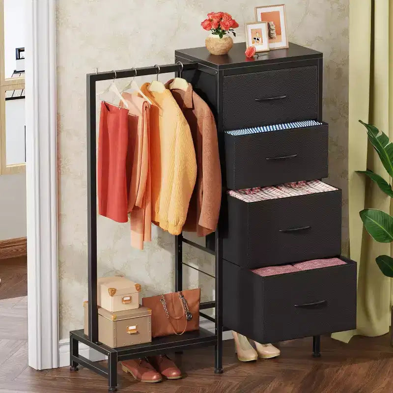 Cómoda con perchero, armario pequeño de 4 cajones para dormitorio, cómoda de tela reversible para niños con perchero, torre de almacenamiento alta, 111,76 cm de alto
