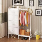 Cómoda con perchero, armario pequeño de 4 cajones para dormitorio, cómoda de tela reversible para niños con perchero, torre de almacenamiento alta, 111,76 cm de alto