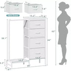 Cómoda con perchero, armario pequeño de 4 cajones para dormitorio, cómoda de tela reversible para niños con perchero, torre de almacenamiento alta, 111,76 cm de alto
