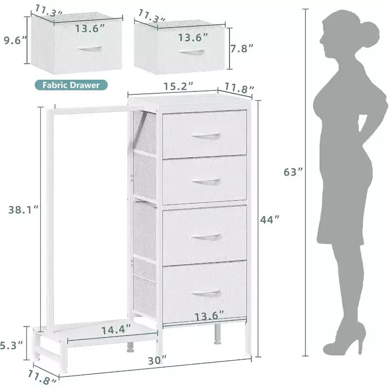 Cómoda con perchero, armario pequeño de 4 cajones para dormitorio, cómoda de tela reversible para niños con perchero, torre de almacenamiento alta, 111,76 cm de alto