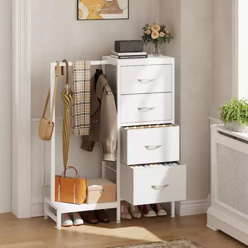 Cómoda con perchero, armario pequeño de 4 cajones para dormitorio, cómoda de tela reversible para niños con perchero, torre de almacenamiento alta, 111,76 cm de alto