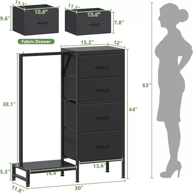 Cómoda con perchero, armario pequeño de 4 cajones para dormitorio, cómoda de tela reversible para niños con perchero, torre de almacenamiento alta, 111,76 cm de alto