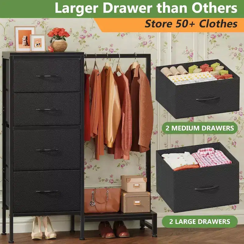 Cómoda con perchero, armario pequeño de 4 cajones para dormitorio, cómoda de tela reversible para niños con perchero, torre de almacenamiento alta, 111,76 cm de alto