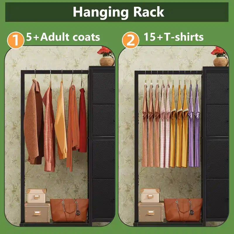 Cómoda con perchero, armario pequeño de 4 cajones para dormitorio, cómoda de tela reversible para niños con perchero, torre de almacenamiento alta, 111,76 cm de alto