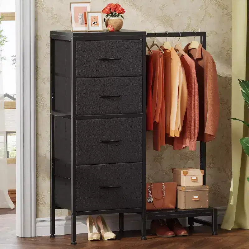Cómoda con perchero, armario pequeño de 4 cajones para dormitorio, cómoda de tela reversible para niños con perchero, torre de almacenamiento alta, 111,76 cm de alto