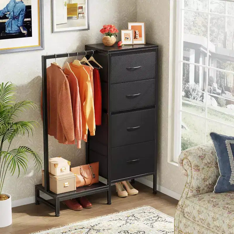 Cómoda con perchero, armario pequeño de 4 cajones para dormitorio, cómoda de tela reversible para niños con perchero, torre de almacenamiento alta, 111,76 cm de alto
