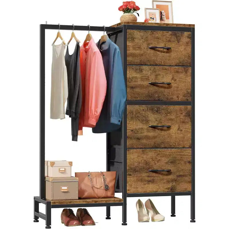 Cómoda con perchero, armario pequeño de 4 cajones para dormitorio, cómoda de tela reversible para niños con perchero, torre de almacenamiento alta, 111,76 cm de alto