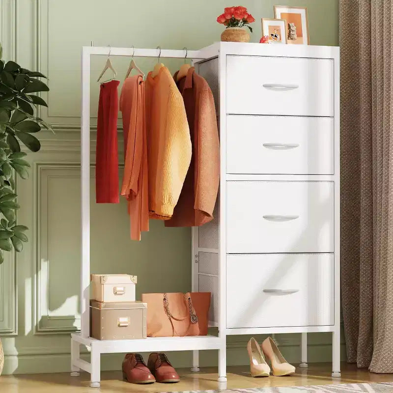 Cómoda con perchero, armario pequeño de 4 cajones para dormitorio, cómoda de tela reversible para niños con perchero, torre de almacenamiento alta, 111,76 cm de alto