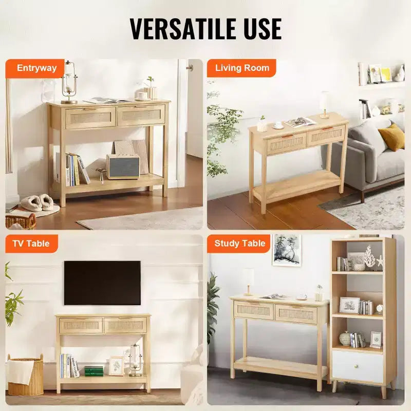Mesa consola de ratán con 2 cajones y puerta corrediza de ratán, mesa de sofá para recibidor de sala de estar