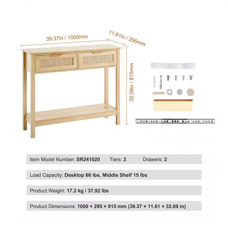 Mesa consola de ratán con 2 cajones y puerta corrediza de ratán, mesa de sofá para recibidor de sala de estar