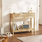Mesa consola de ratán con 2 cajones y puerta corrediza de ratán, mesa de sofá para recibidor de sala de estar