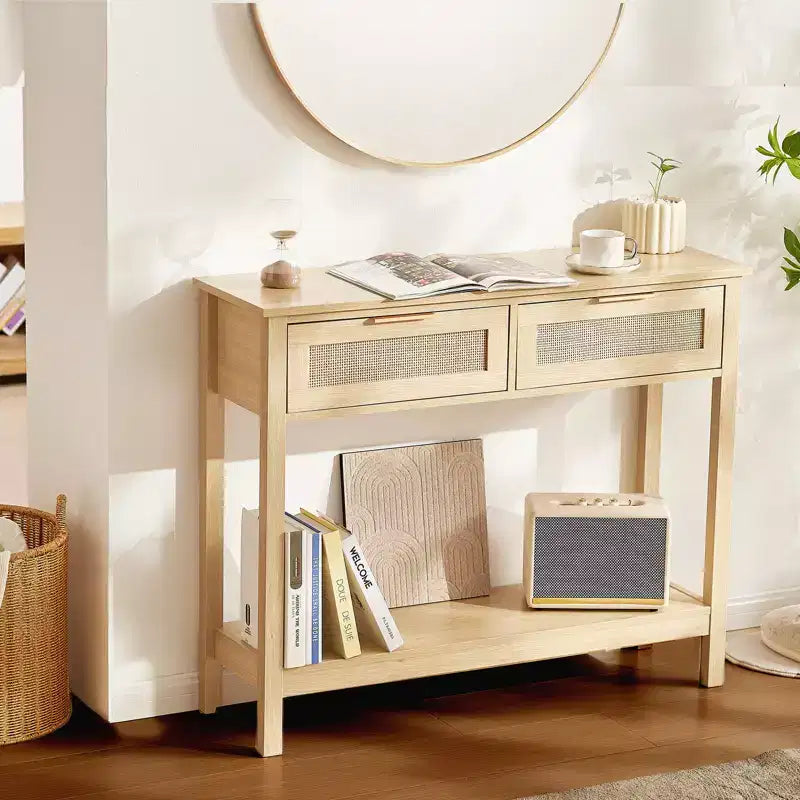Mesa consola de ratán con 2 cajones y puerta corrediza de ratán, mesa de sofá para recibidor de sala de estar