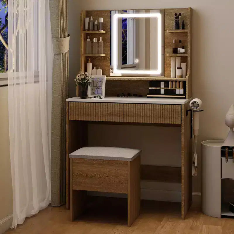Tocador de maquillaje con espejo y luces, tocador de 31.4" con toma de corriente y taburete de almacenamiento