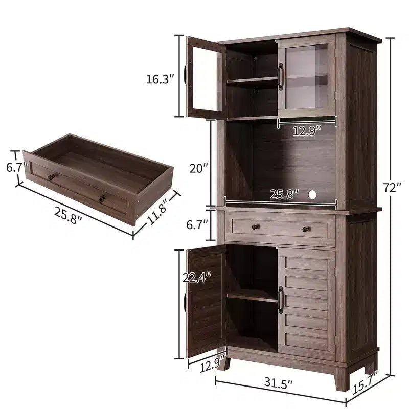 Mueble de despensa de cocina alto de 183 cm, vitrina de cocina con soporte para microondas, aparador con cajones y puertas de vidrio para comedor, sala de estar