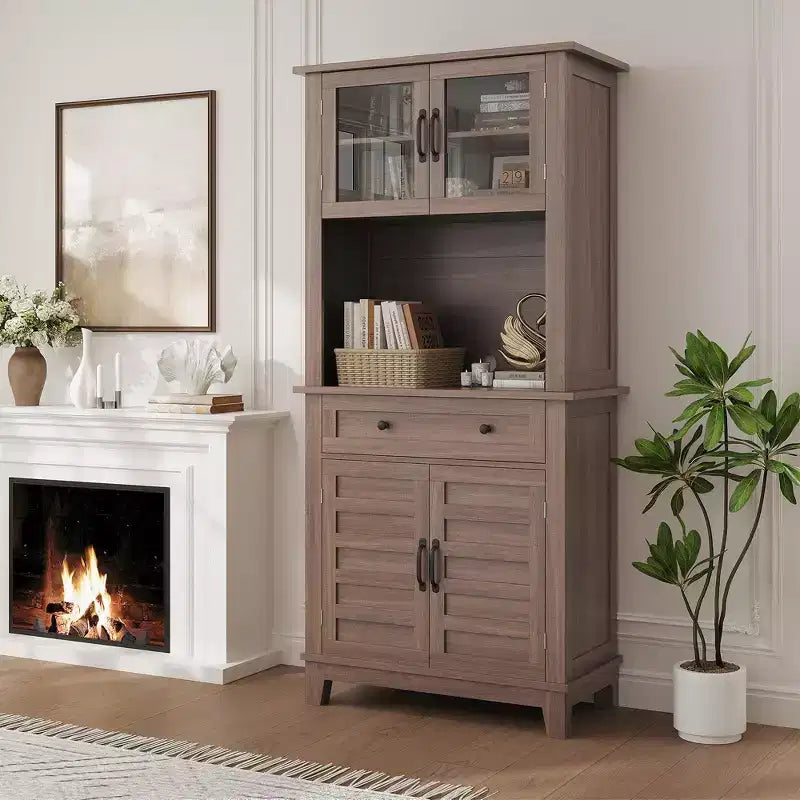 Mueble de despensa de cocina alto de 183 cm, vitrina de cocina con soporte para microondas, aparador con cajones y puertas de vidrio para comedor, sala de estar