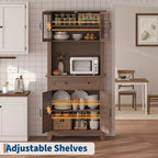 Mueble de despensa de cocina alto de 183 cm, vitrina de cocina con soporte para microondas, aparador con cajones y puertas de vidrio para comedor, sala de estar
