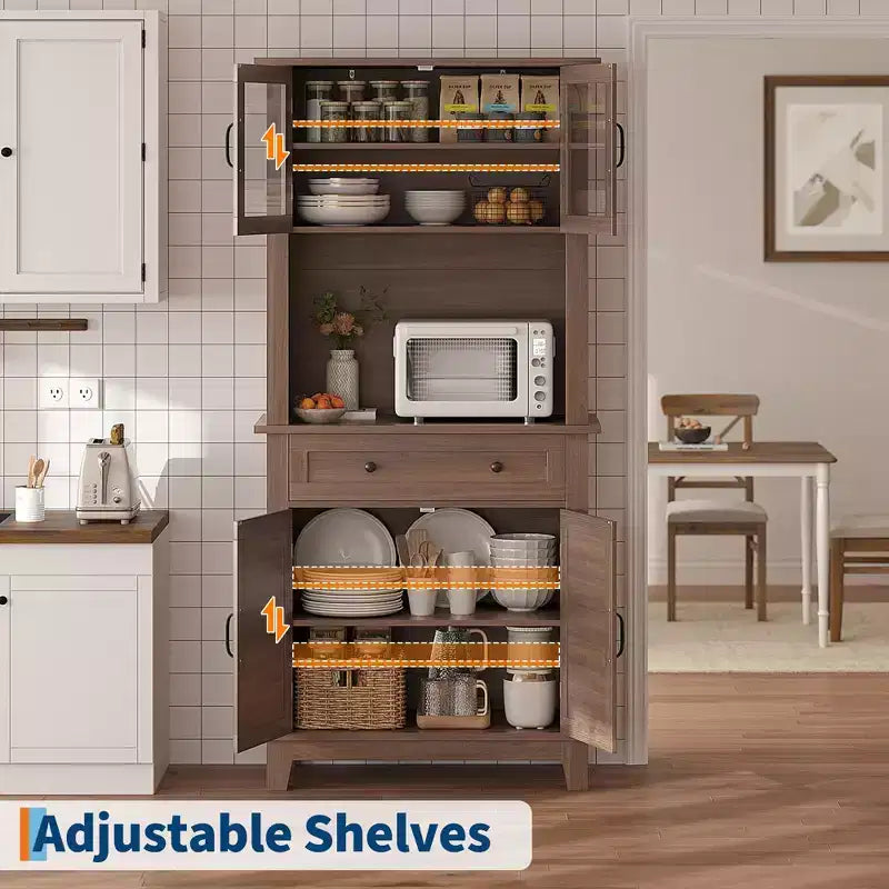 Mueble de despensa de cocina alto de 183 cm, vitrina de cocina con soporte para microondas, aparador con cajones y puertas de vidrio para comedor, sala de estar