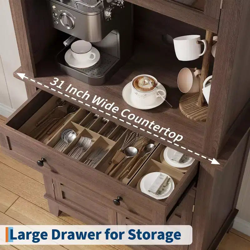 Mueble de despensa de cocina alto de 183 cm, vitrina de cocina con soporte para microondas, aparador con cajones y puertas de vidrio para comedor, sala de estar