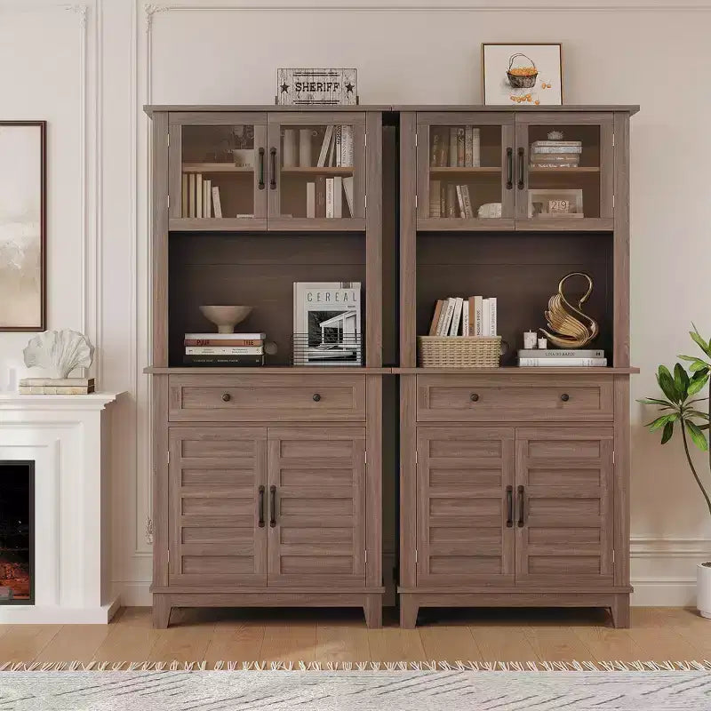 Mueble de despensa de cocina alto de 183 cm, vitrina de cocina con soporte para microondas, aparador con cajones y puertas de vidrio para comedor, sala de estar
