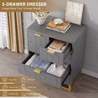 Cómoda para dormitorio, cómoda negra de 5 cajones con patas de metal, organizador de almacenamiento ancho moderno para sala de estar o entrada