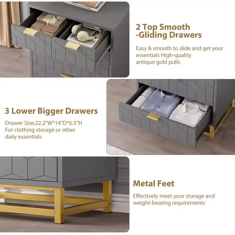 Cómoda para dormitorio, cómoda negra de 5 cajones con patas de metal, organizador de almacenamiento ancho moderno para sala de estar o entrada