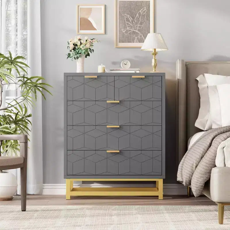Cómoda para dormitorio, cómoda negra de 5 cajones con patas de metal, organizador de almacenamiento ancho moderno para sala de estar o entrada