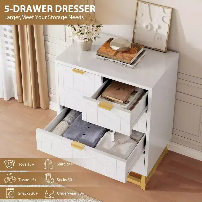 Cómoda para dormitorio, cómoda negra de 5 cajones con patas de metal, organizador de almacenamiento ancho moderno para sala de estar o entrada