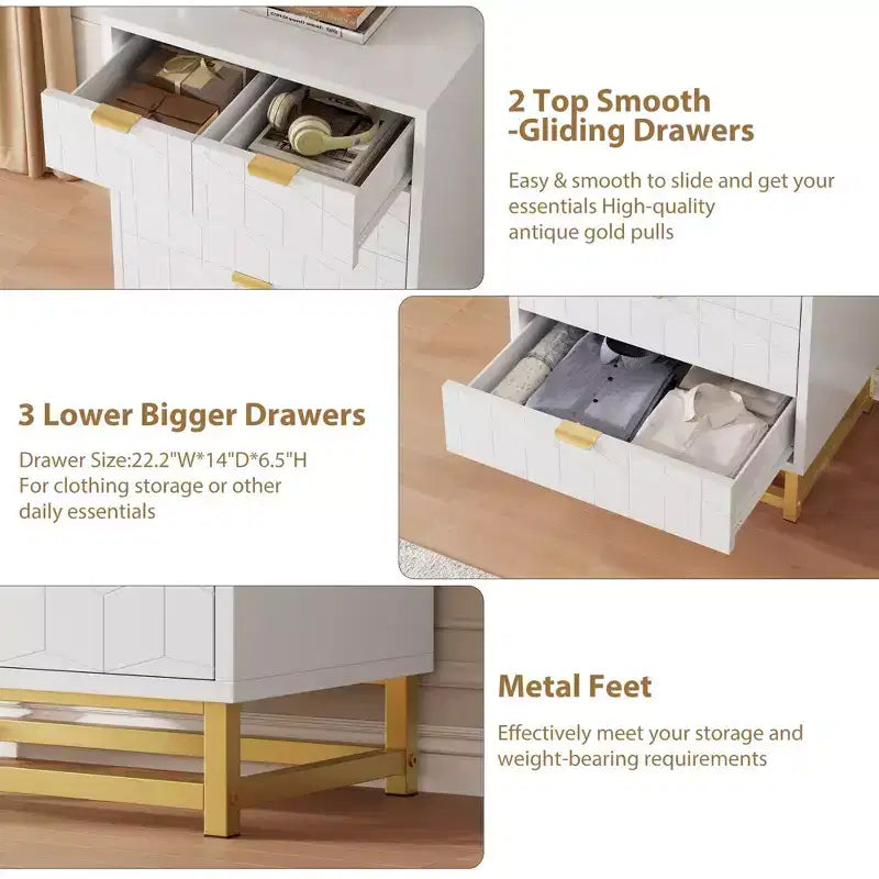 Cómoda para dormitorio, cómoda negra de 5 cajones con patas de metal, organizador de almacenamiento ancho moderno para sala de estar o entrada