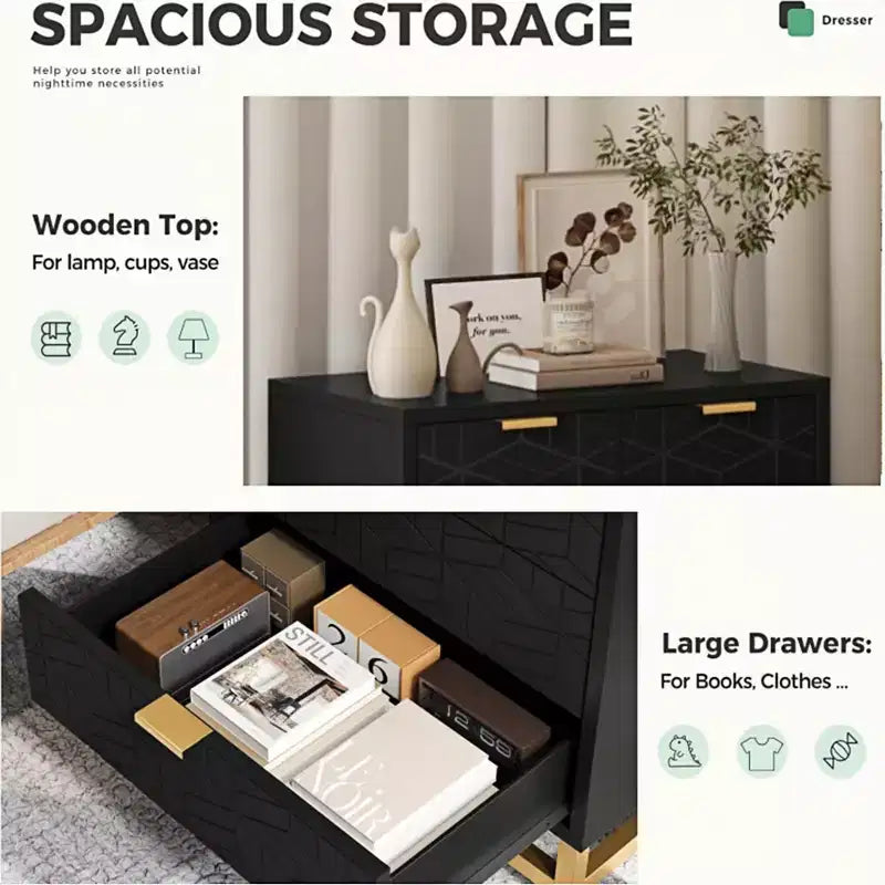 Cómoda para dormitorio, cómoda negra de 5 cajones con patas de metal, organizador de almacenamiento ancho moderno para sala de estar o entrada