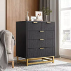 Cómoda para dormitorio, cómoda negra de 5 cajones con patas de metal, organizador de almacenamiento ancho moderno para sala de estar o entrada