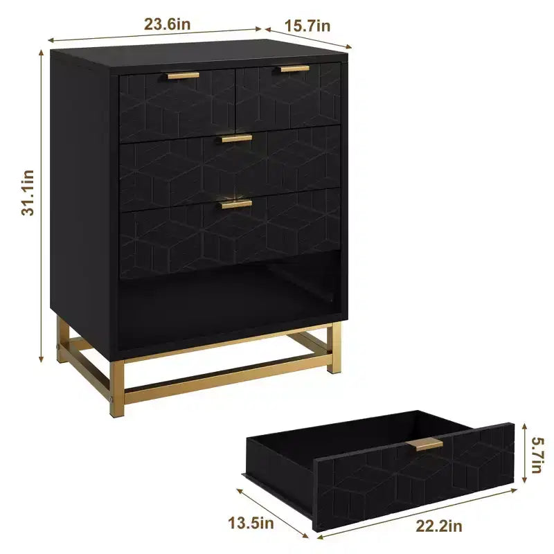 Cómoda para dormitorio, cómoda negra de 5 cajones con patas de metal, organizador de almacenamiento ancho moderno para sala de estar o entrada