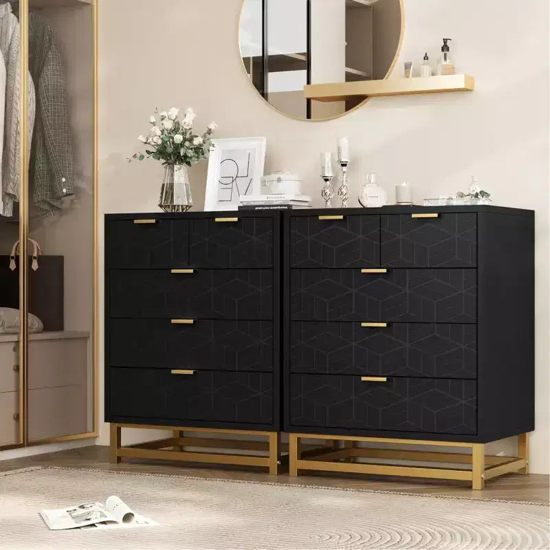 Cómoda para dormitorio, cómoda negra de 5 cajones con patas de metal, organizador de almacenamiento ancho moderno para sala de estar o entrada