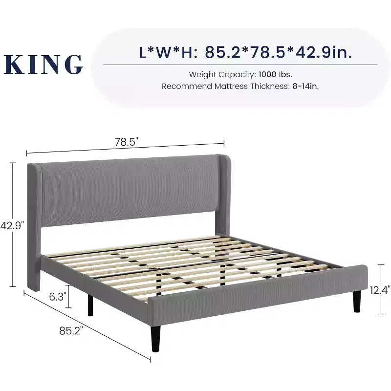 Estructura de cama con cabecero y laterales, de terciopelo beige con rayas verticales, 2 bolsillos de almacenamiento y soporte de láminas de madera resistente