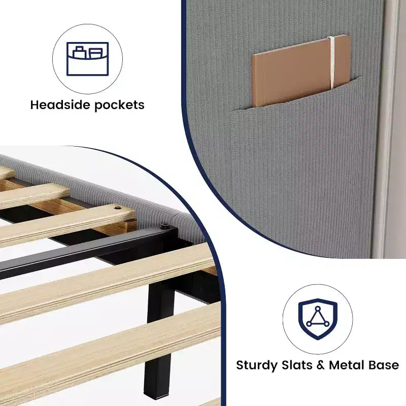 Estructura de cama con cabecero y laterales, de terciopelo beige con rayas verticales, 2 bolsillos de almacenamiento y soporte de láminas de madera resistente