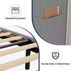 Estructura de cama con cabecero y laterales, de terciopelo beige con rayas verticales, 2 bolsillos de almacenamiento y soporte de láminas de madera resistente