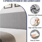 Estructura de cama con cabecero y laterales, de terciopelo beige con rayas verticales, 2 bolsillos de almacenamiento y soporte de láminas de madera resistente